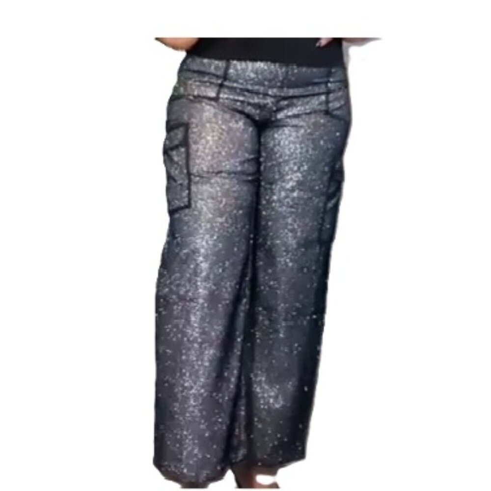 Plus Size Cocktail Party Black / Silver Shimmer Cargo Pocket Pants, 2X